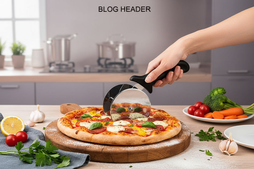Stainless steel double wheel cutter slicing a fresh pizza on a wooden board in a modern kitchen