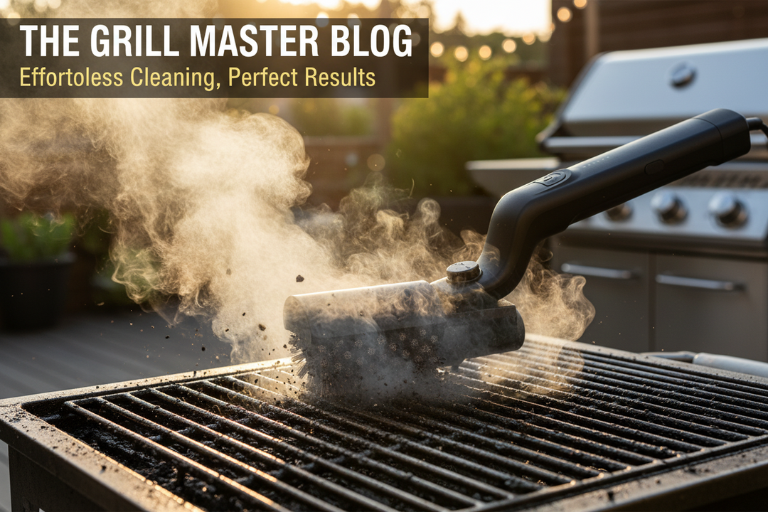 Electric BBQ brush powerfully cleaning heavy grease and grime from grill grates with steam rising