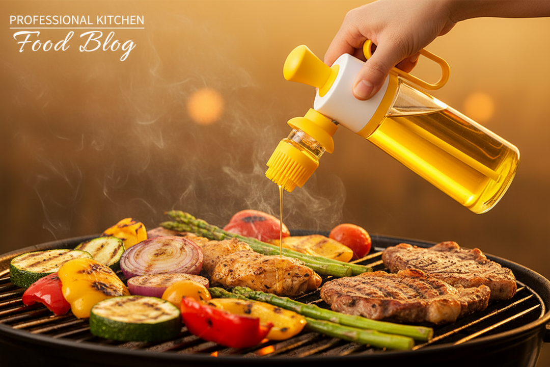 2-in-1 glass oil dispenser with silicone brush applying oil on grilled meat and vegetables on a BBQ grill