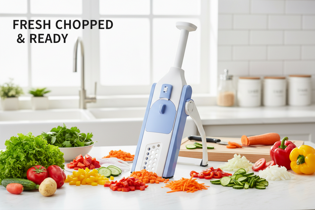 Multifunctional vegetable chopper surrounded by freshly chopped colorful vegetables on a bright kitchen countertop