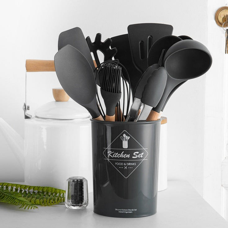 silicone kitchenware set with wooden handle