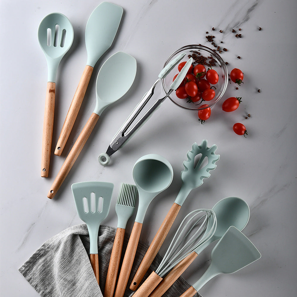 silicone kitchenware set with wooden handle