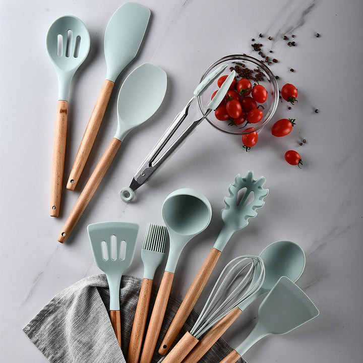 silicone kitchenware set with wooden handle