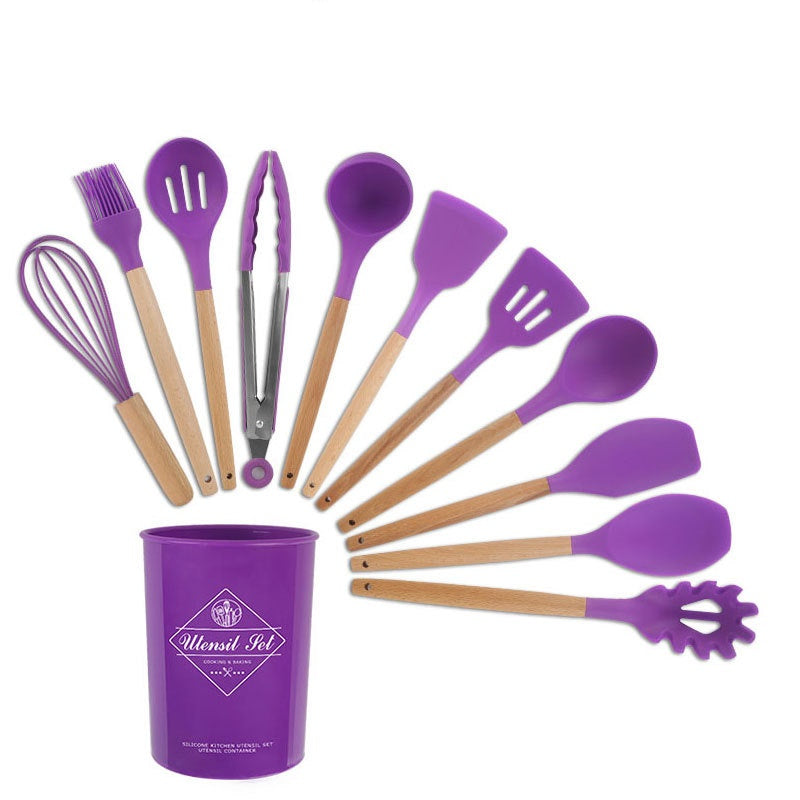 silicone kitchenware set with wooden handle