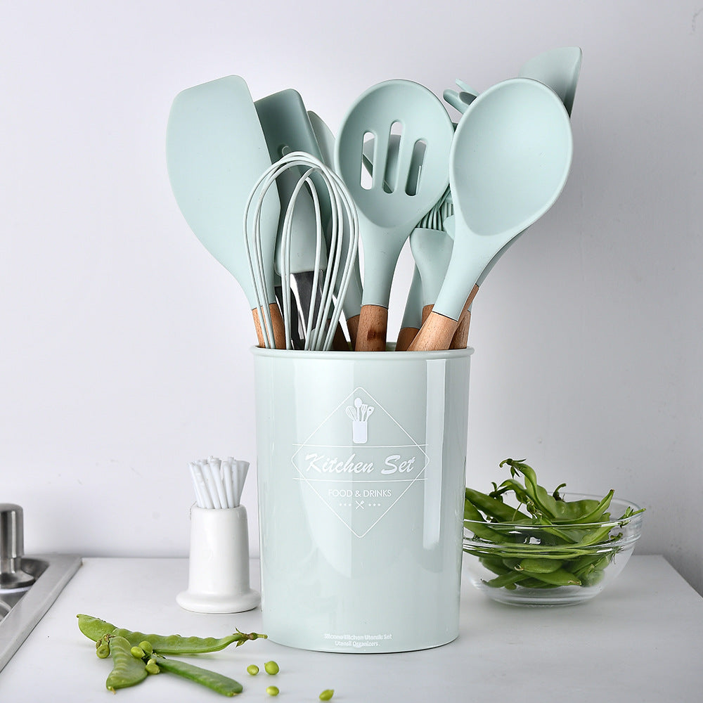 silicone kitchenware set with wooden handle