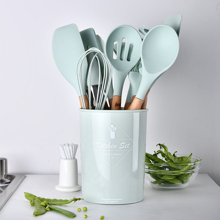 silicone kitchenware set with wooden handle