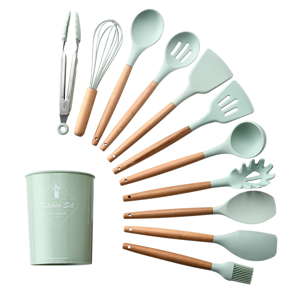 silicone kitchenware set with wooden handle