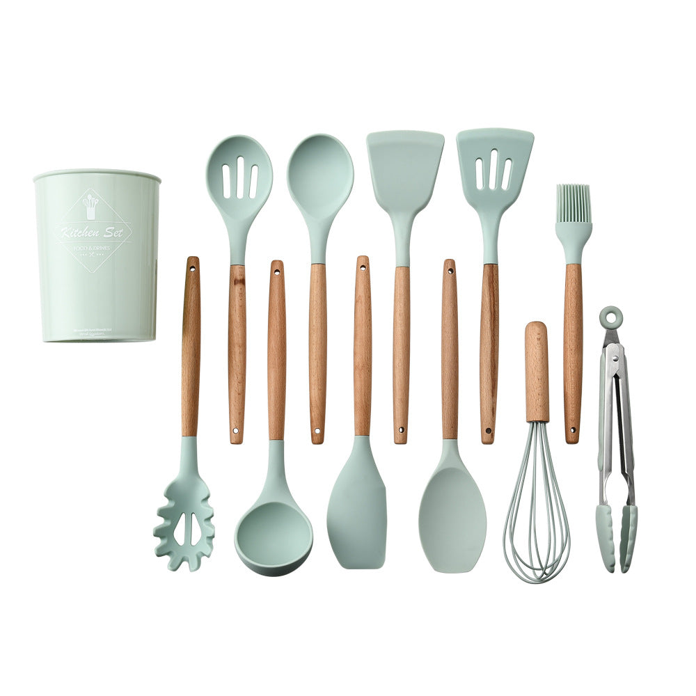 silicone kitchenware set with wooden handle