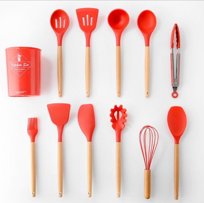 silicone kitchenware set with wooden handle