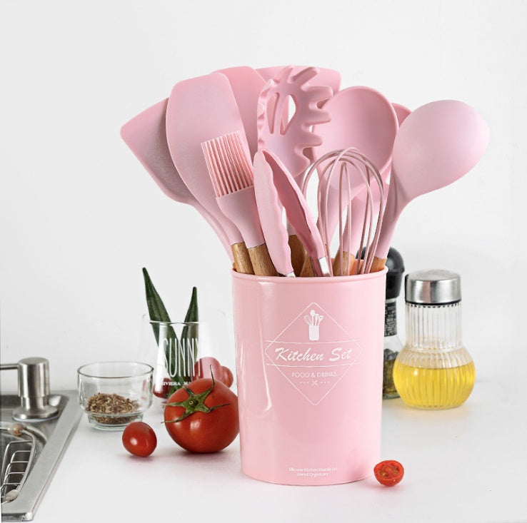 silicone kitchenware set with wooden handle