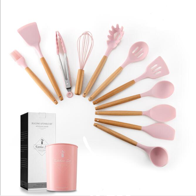 silicone kitchenware set with wooden handle