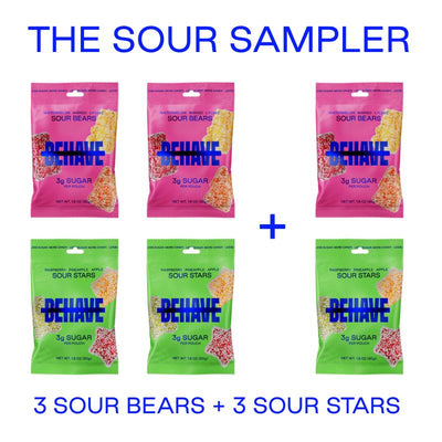 BEHAVE Low-Sugar Sour Candy Sampler (6 Bags) - Sour Fruit Flavors - Low Net Carb, Low Calorie, High Fiber - Keto & Diabetic Friendly - Natural Flavoring