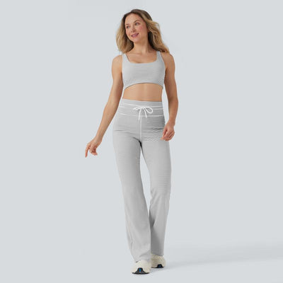 Elevate Your Workout with the Halara 2-Piece Low Support U Neck Cut Out Stripe Yoga Sports Bra & High Waisted Drawstring Pants Set!
