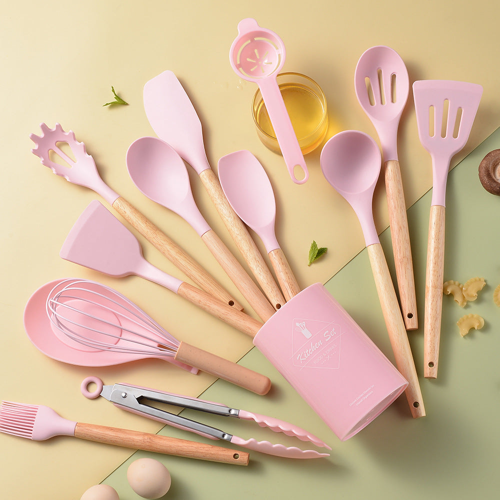 silicone kitchenware set with wooden handle