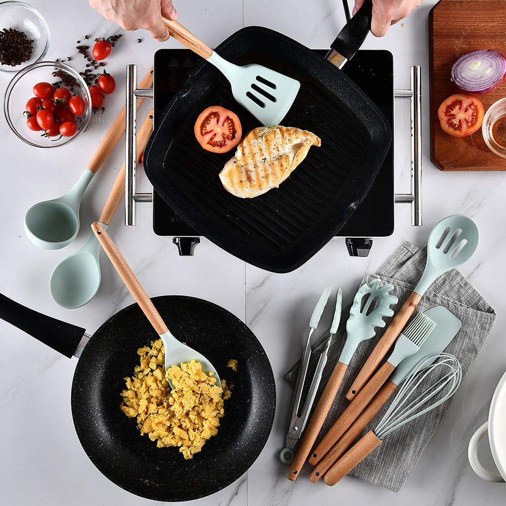 silicone kitchenware set with wooden handle
