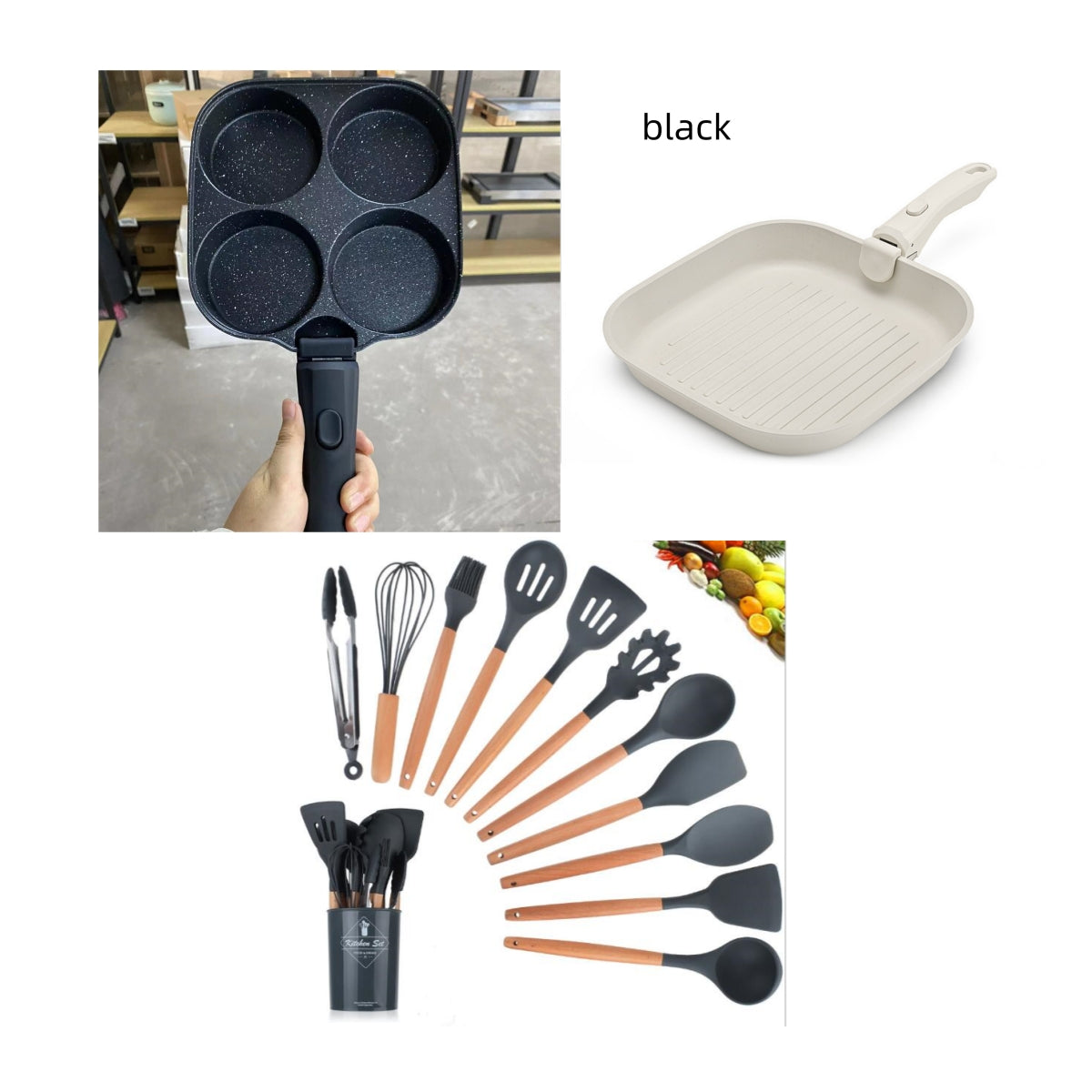 silicone kitchenware set with wooden handle