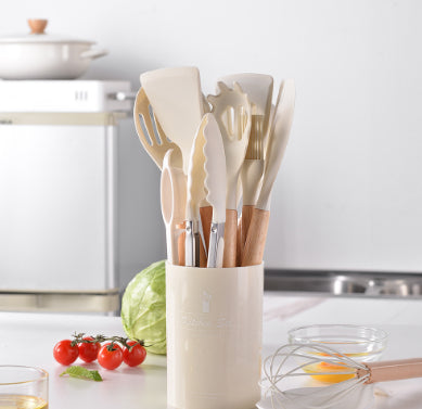 silicone kitchenware set with wooden handle