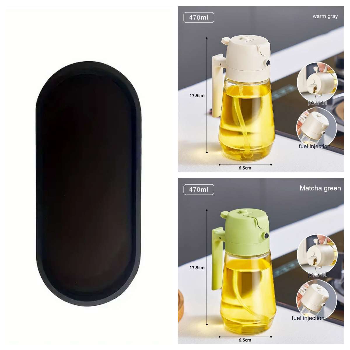 Olive Oil Sprayer Dispenser 470ML Glass Bottle in warm gray and matcha green colors for cooking and grilling.