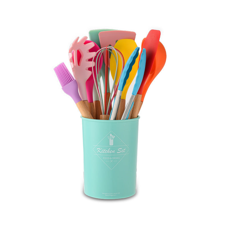 silicone kitchenware set with wooden handle
