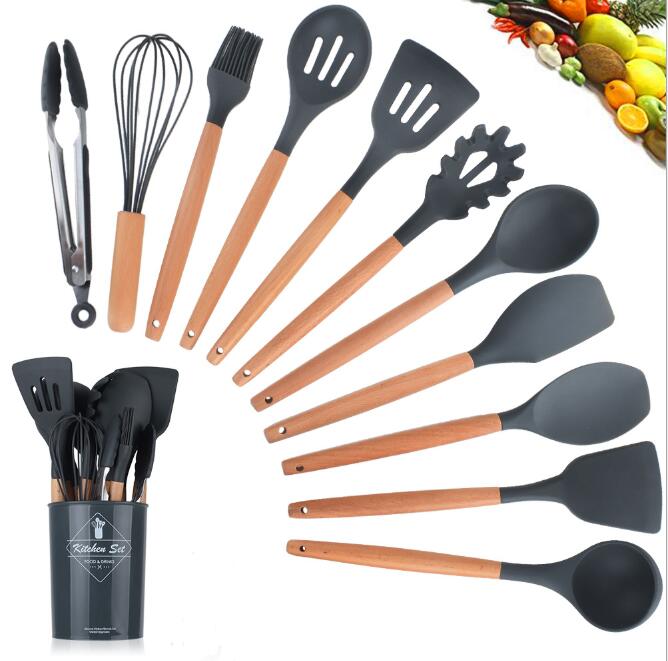 silicone kitchenware set with wooden handle