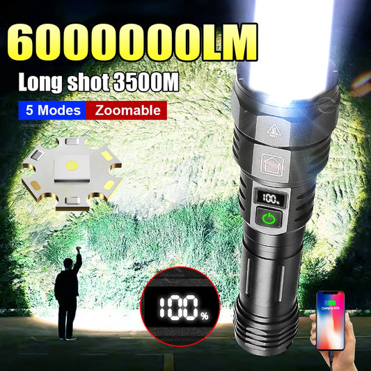 2024 Most Powerful Flashlight Super Bright Rechargeable Led Torch 6000000LM Long RangeTactical Flashlights Zoom Camping Lantren
