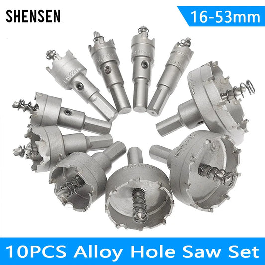 10Pcs16-53mm Alloy Hole Saw Set Carbide Tip TCT Metal Cutter Core Drill Bit Kits for Stainless Steel Metal Drilling Crown