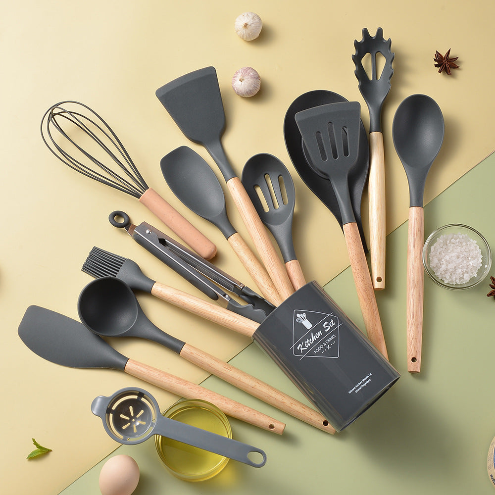 silicone kitchenware set with wooden handle