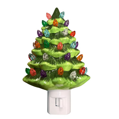 Charming Vintage Green Ceramic Christmas Tree Night Light – Hand-Painted Wall Plug-In for Cozy Nights