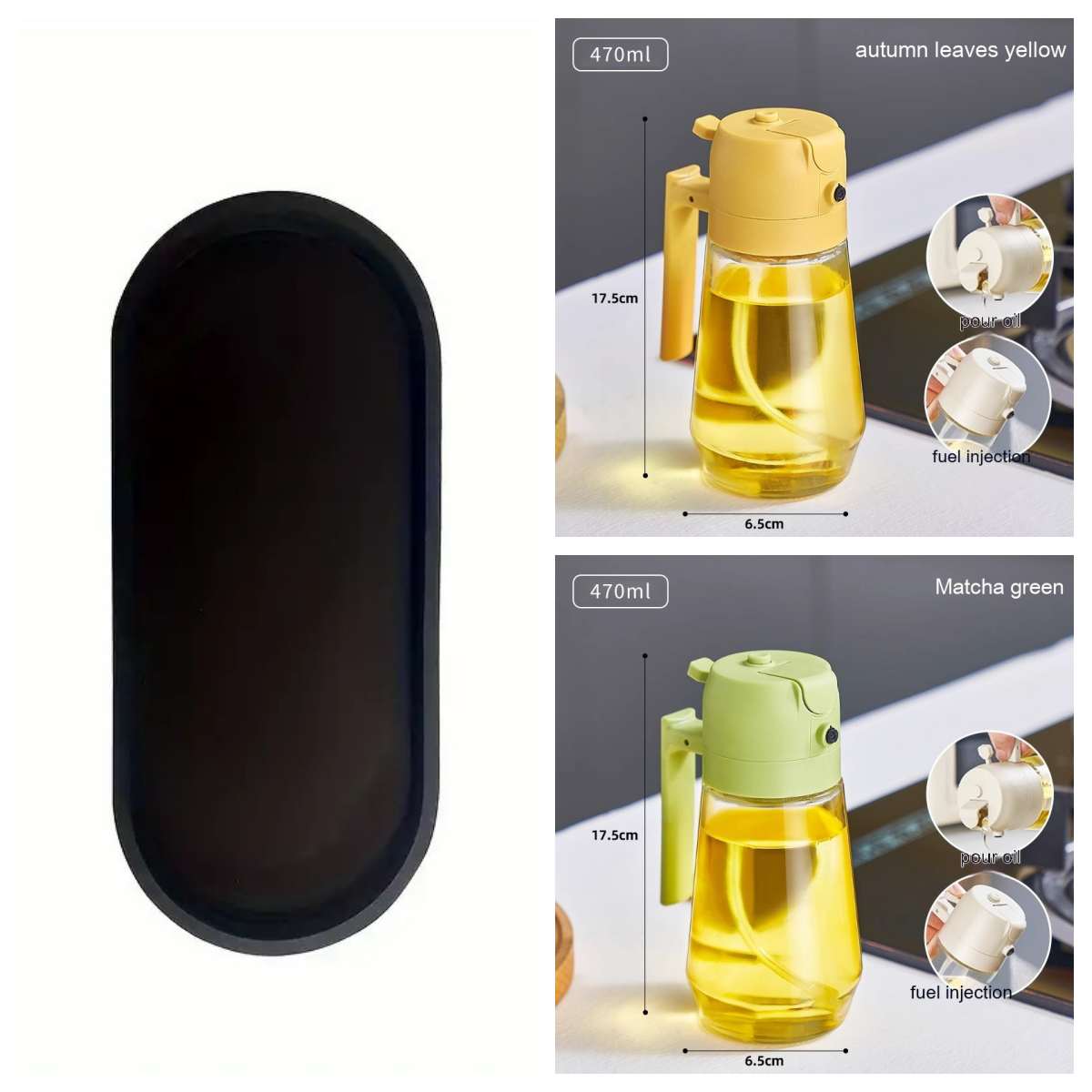 Olive Oil Sprayer Dispenser 470ML Glass Bottle in autumn leaves yellow and matcha green colors for cooking.