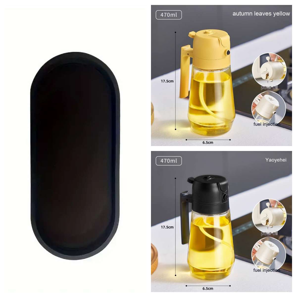 Olive Oil Sprayer Dispenser 470ML Glass Bottle for Cooking with spray function and two color options.